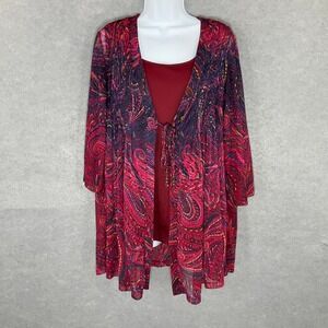 Catherines Paisley Cardigan Set Sheer Open‎ Front Tunic Top Plus Size 1X Evening